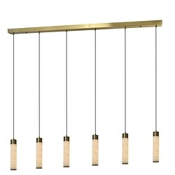 Elegante hanglamp met zes glazen kappen en een goudkleurige plafondbeugel, perfect voor moderne interieuraccenten en sfeervolle verlichting.