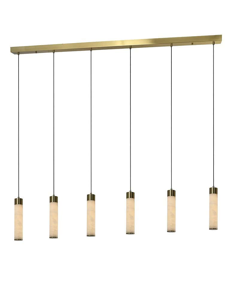 Elegante hanglamp met zes glazen kappen en een goudkleurige plafondbeugel, perfect voor moderne interieuraccenten en sfeervolle verlichting.