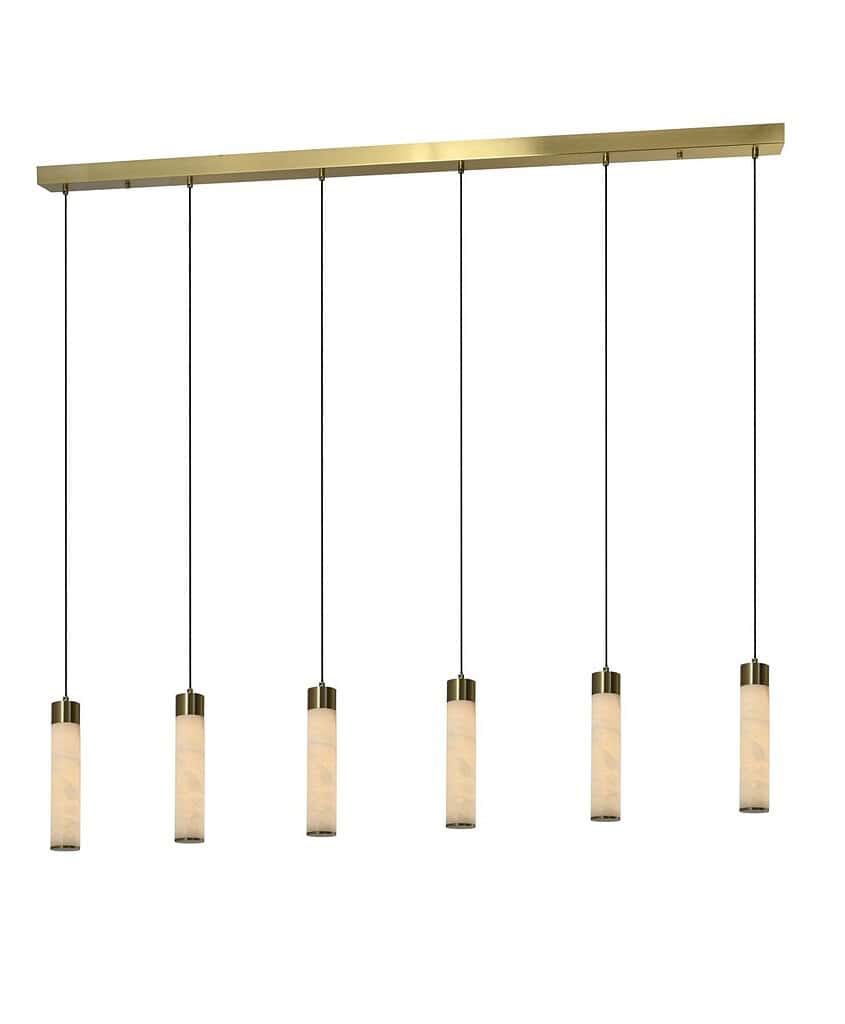 Elegante hanglamp met zes glazen kappen en een goudkleurige plafondbeugel, perfect voor moderne interieuraccenten en sfeervolle verlichting.