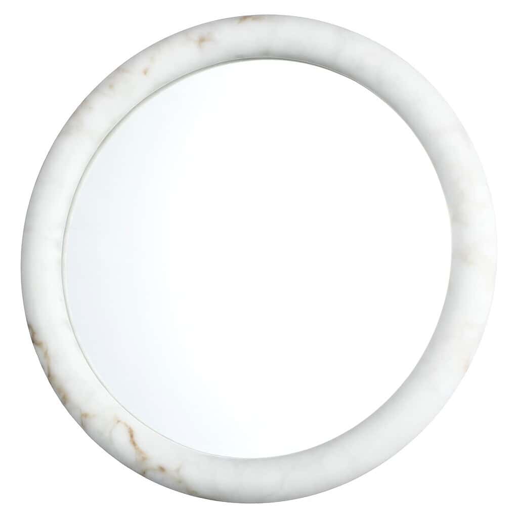 Elegante ronde muurspiegel met witte marmeren rand, perfect voor moderne interieurdecoratie. Handgemaakt en duurzaam, passend in elke woonstijl voor een luxe uitstraling.