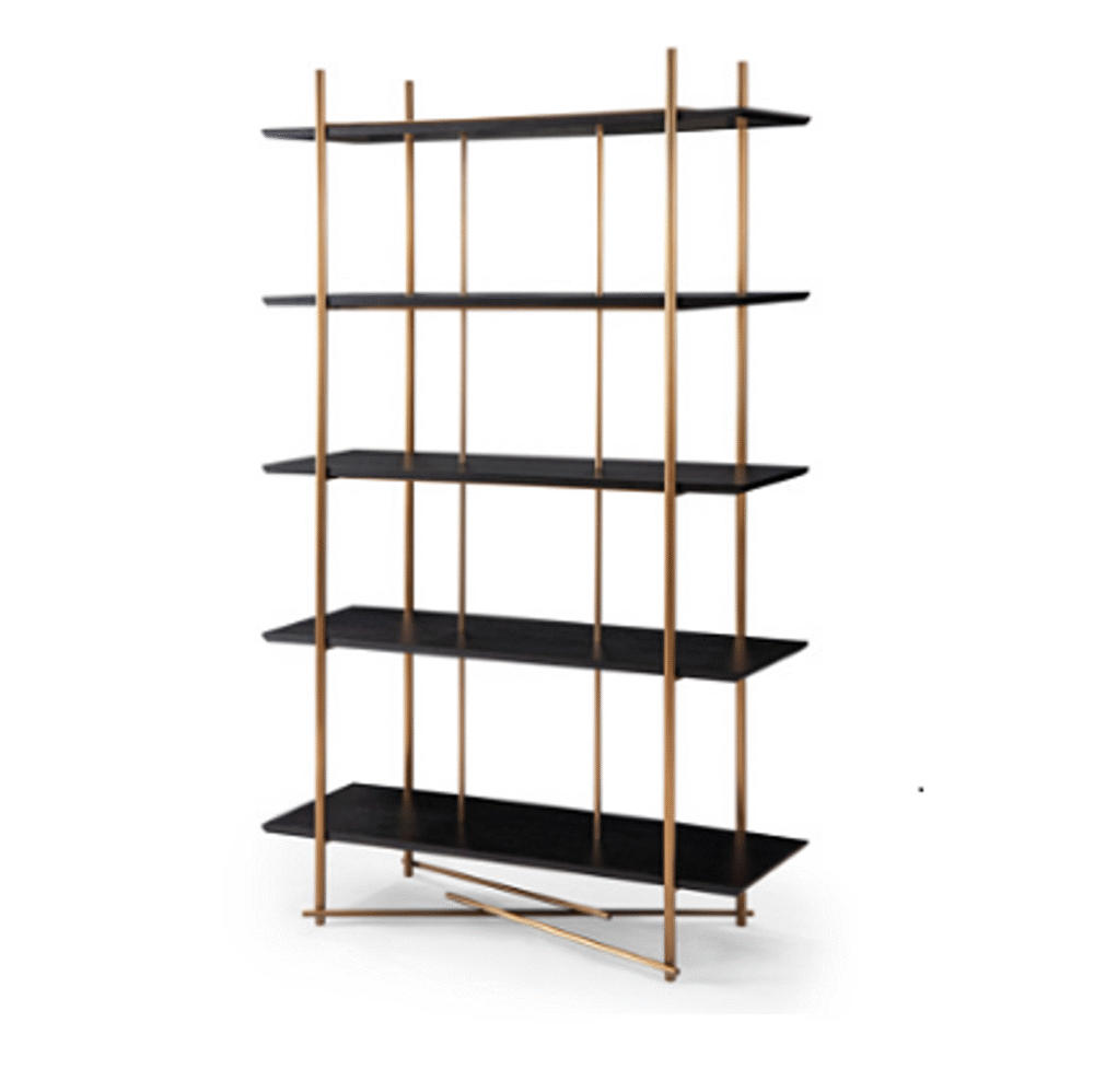 Elegant houten en zwarte boekenplank, modern design, perfect voor woonkamer of kantoor, hoogwaardige materialen, Scandinavisch stijl, functioneel en decoratief meubelstuk.