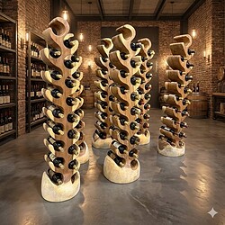 Houten wijnrekken in een wijnwinkel, modern en stijlvol design, gemaakt van kwalitatief hout, ideaal voor wijnliefhebbers en interieurdecoratie.