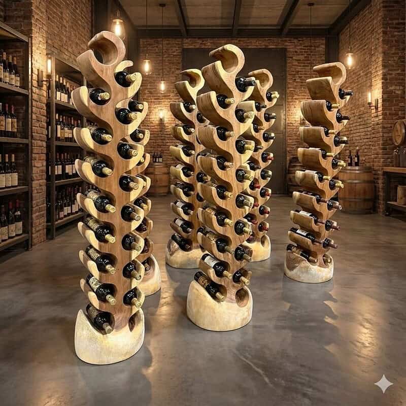 Houten wijnrekken in een wijnwinkel, modern en stijlvol design, gemaakt van kwalitatief hout, ideaal voor wijnliefhebbers en interieurdecoratie.