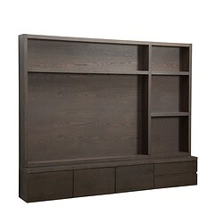 Elegant houten boekenwand met opbergkasten en open vakken, perfect voor modern interieur.