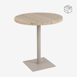 Grote houten tafel met ronde top en metalen voet, perfect voor restaurants en horeca. Elegante en duurzame design, ideaal voor moderne en natuurlijke interieurstijlen. Op voorraad bij Mokana Meubelen.