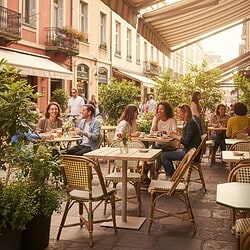 Gezellig buitenkafee op een sfeervolle terras met stijlvolle Mokana meubelen, ideaal voor restaurants en cafés die op zoek zijn naar kwalitatieve en trendy horeca meubelen.