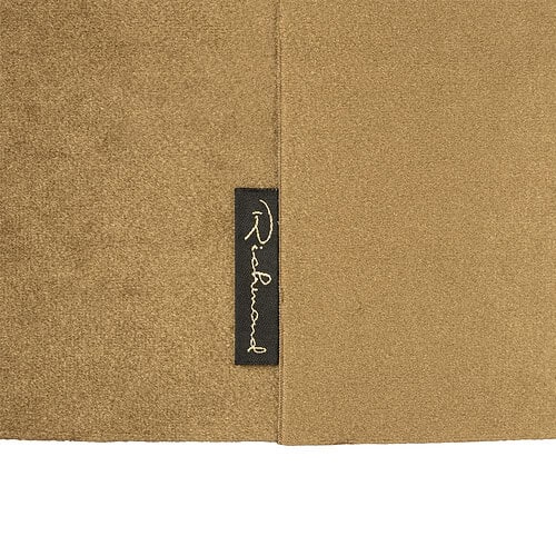 Luxueuze goudkleurige stoffen meubelstof met Rie Rieber logo voor maatwerk houten en bekleding meubels.