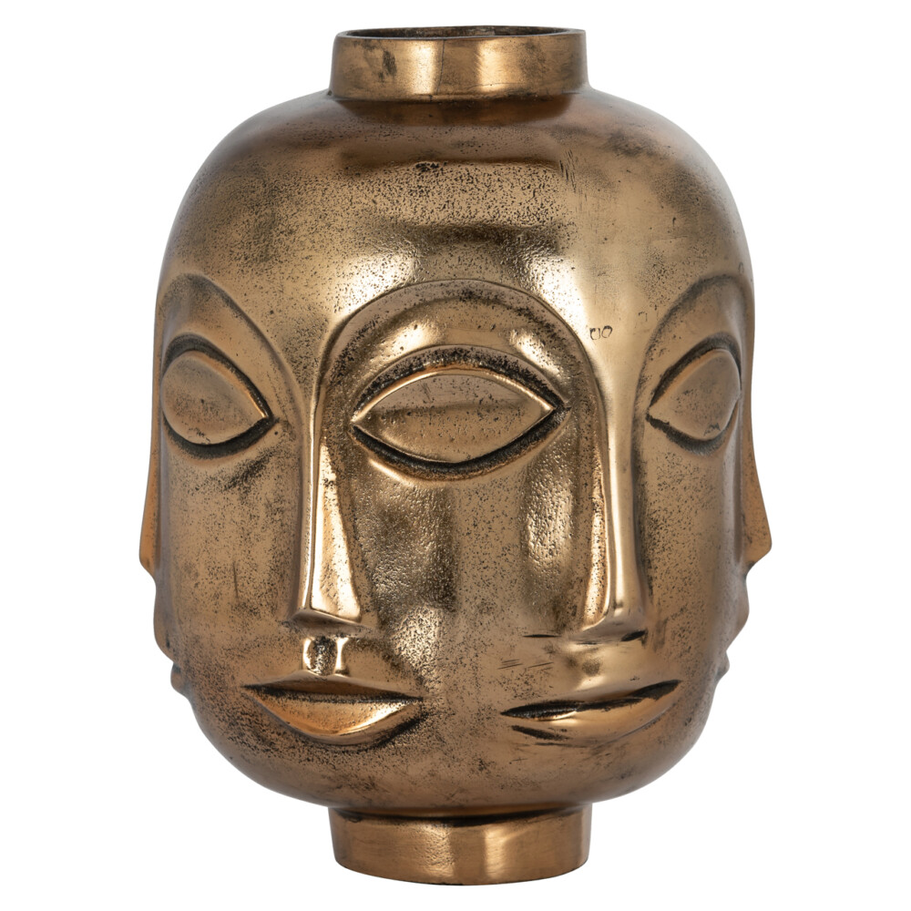 Elegant goudkleurige sculpturale vazen met Afrikaanse geïnspireerde gezichtsmotieven, perfect voor stijlvolle interieurdecoratie.