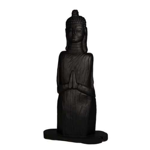 Grote zwarte Buddha op sokkel van 220 cm. Perfect voor binnen of overdekte buitenruimtes. Brengt rust, stijl en balans in elke omgeving.