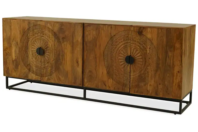 RUSTIEKE houten dressoir met geometrisch gegraveerde details op de deuren, modern industrieel design, handgemaakt, ambachtelijk vakmanschap, duurzame materialen, ruime opbergmogelijkheden, perfecte aanvulling voor woonkamer of kantoor.