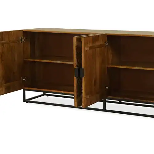 Elegante houten dressoir met open en gesloten opbergvakken, industrieel zwart metalen frame, perfect voor woonkamer of eetkamer, ambachtelijk vakmanschap, duurzame materialen, modern design.