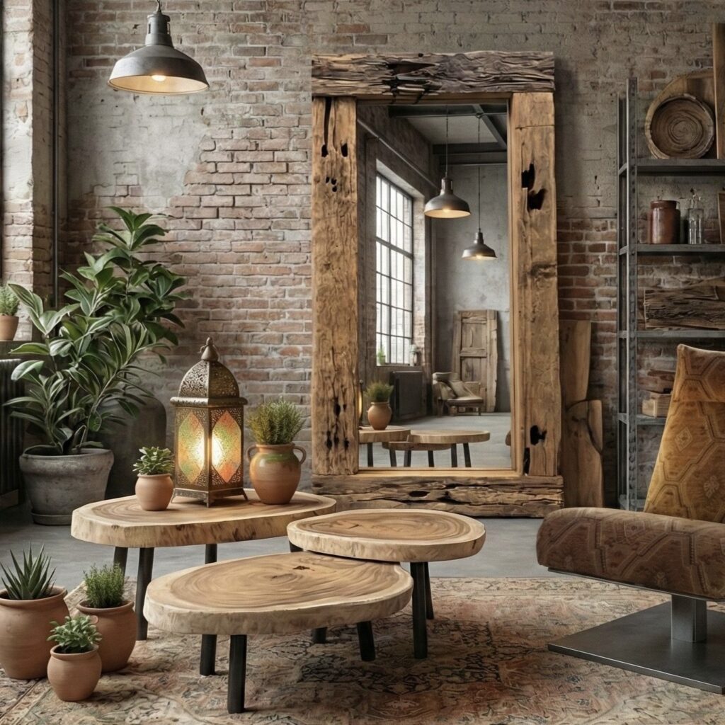 Warm houten meubels en industrieel interieur met planten, bruin leren fauteuil en grote spiegel in een stijlvol, rustiek woonkamer.