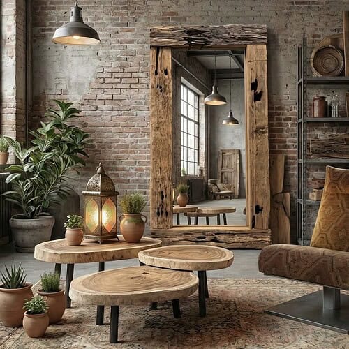 spiegel-oud-hout-driftwood Warm houten meubels en industrieel interieur met planten, bruin leren fauteuil en grote spiegel in een stijlvol, rustiek woonkamer.