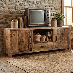 Vintage houten tv-meubel met opbergruimte en landelijke uitstraling, perfect voor een gezellige woonkamer inrichting.