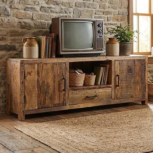 Vintage houten tv-meubel met opbergruimte en landelijke uitstraling, perfect voor een gezellige woonkamer inrichting.