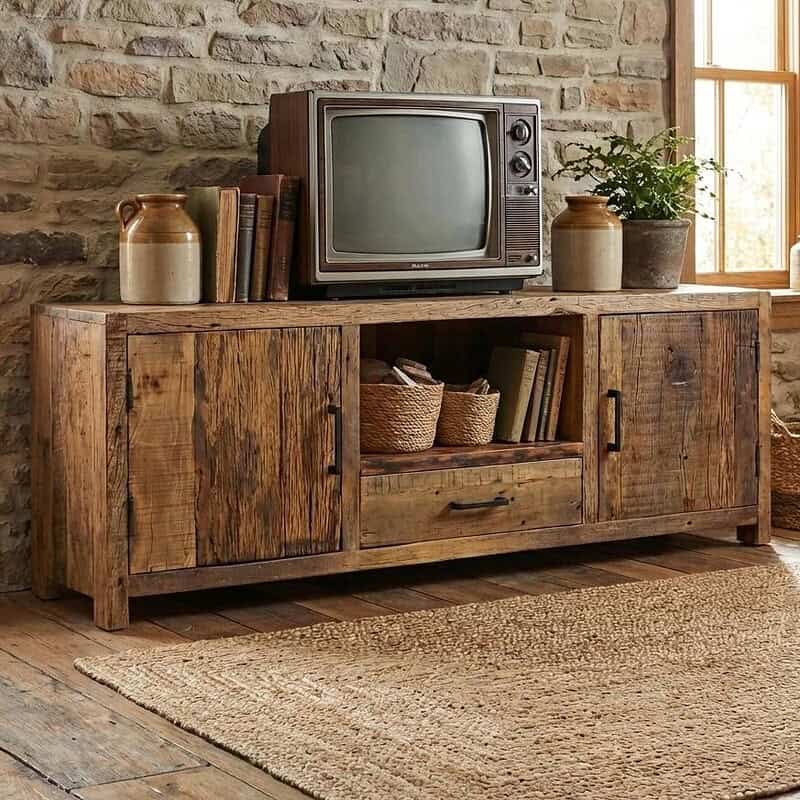 Vintage houten tv-meubel met opbergruimte en landelijke uitstraling, perfect voor een gezellige woonkamer inrichting.