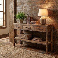 Rustieke houten meubels, console tafel met opbergruimtes en natuurlijke decoratie, perfect voor een landelijk interieur.