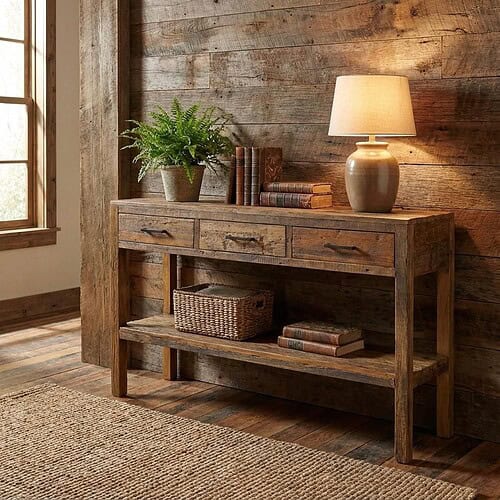 Rustieke houten meubels, console tafel met opbergruimtes en natuurlijke decoratie, perfect voor een landelijk interieur.