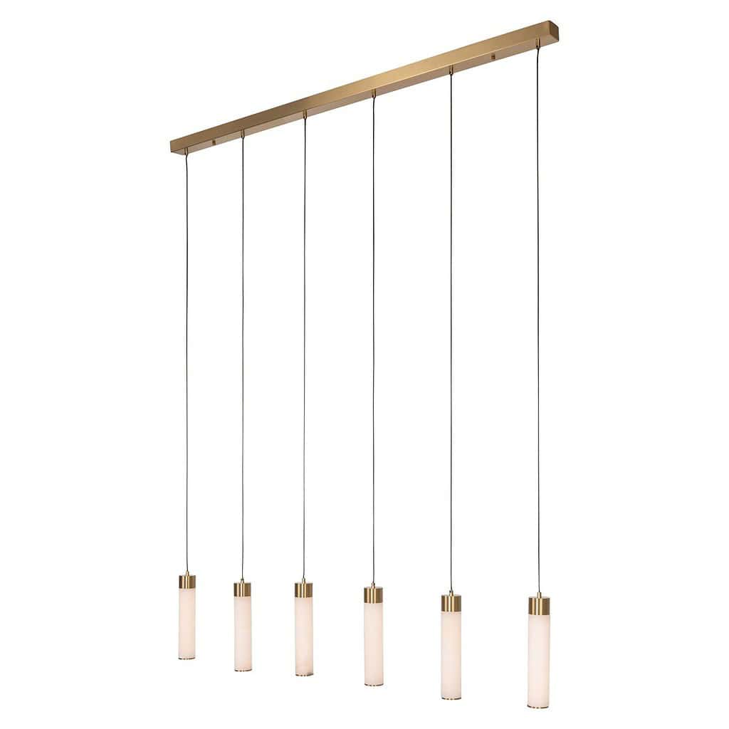 Een moderne hanglamp met zes gietijzeren tafellampen en een goudkleurige afwerking, perfect voor stijlvolle interieurverlichting in huis en kantoor.