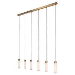Een moderne hanglamp met zes gietijzeren tafellampen en een goudkleurige afwerking, perfect voor stijlvolle interieurverlichting in huis en kantoor.