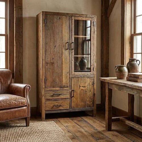 1. Mooie rustieke houten meubelkast met glasdeur en lades, perfect voor landelijke interieurstijl, gemaakt van gerecycled hout door Mokana Meubelen.