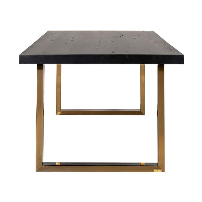 Modern zwart marmeren tafel met goudkleurige metalen frame, perfect voor een luxe eethoek of woonkamer. Duurzaam en stijlvol meubel van Mokana Meubelen.