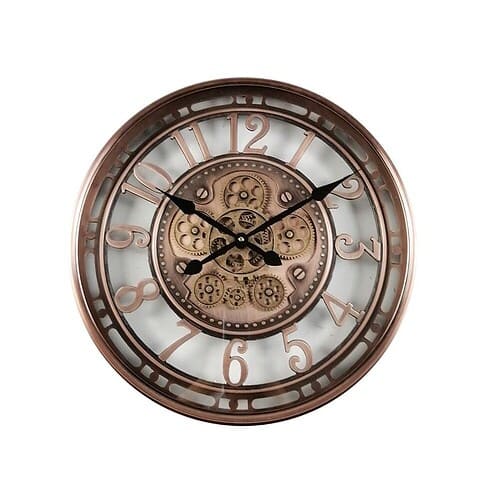 76352 Radarklok Earl | Heb je wel eens door de ramen naar prachtig ingerichte woonkamers in Nederland gekeken? Een salontafel versierd met bloemen staat voor een gezellige en aantrekkelijke bank, daarachter zie je een eettafel voor gezellige bijeenkomsten en in de vensterbank staan smaakvolle vazen. Vintage-Wanduhr aus Metall mit offenem Getriebe-Design, super für moderne und industrielle Innenräume. Hellbraune Oberfläche mit schwarzen Zeigern für einen stylischen Look.