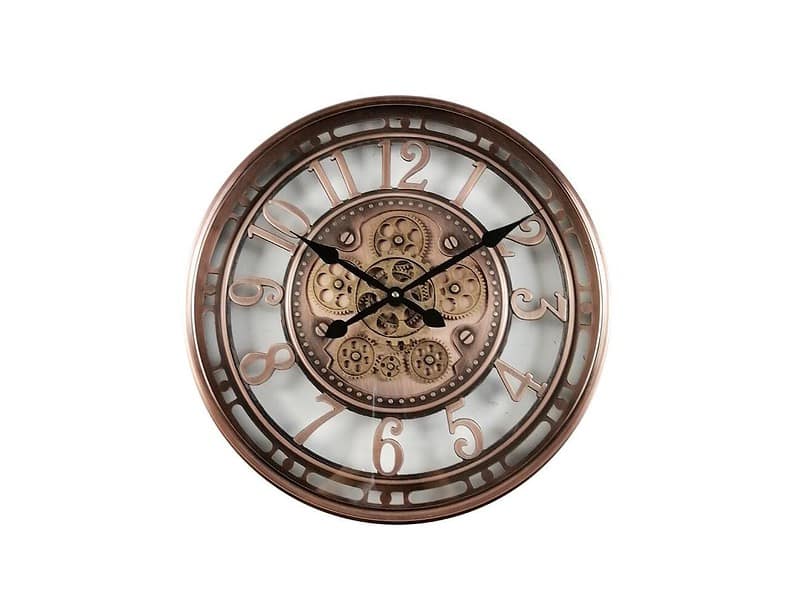 Vintage metalen wandklok met open gear design, perfect voor modern en industrieel interieur. Lichtbruine afwerking met zwart wijzers voor een stijlvolle uitstraling.