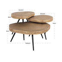 Metalen salontafel set met ovale houten tafelbladen in zwart met afmetingen 76x64cm en meerdere niveaus voor modern interieur.