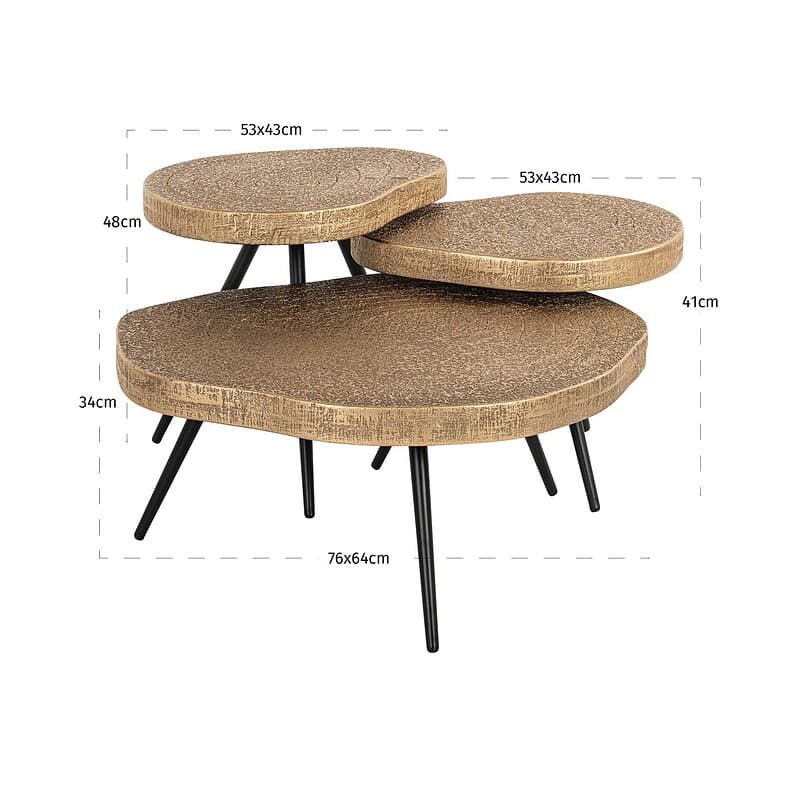 Metalen salontafel set met ovale houten tafelbladen in zwart met afmetingen 76x64cm en meerdere niveaus voor modern interieur.