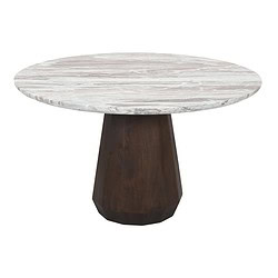 Alt: Modern eettafel met marmeren blad en houten poot, elegant design, perfect voor stijlvolle woonruimtes.