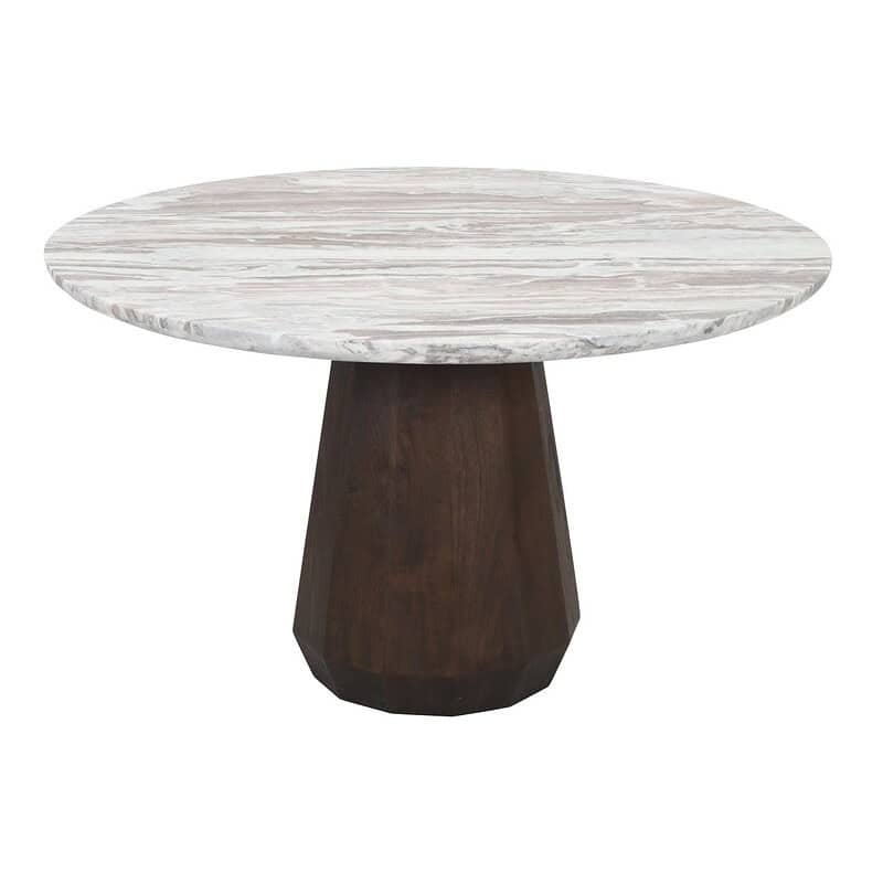 Alt: Modern eettafel met marmeren blad en houten poot, elegant design, perfect voor stijlvolle woonruimtes.