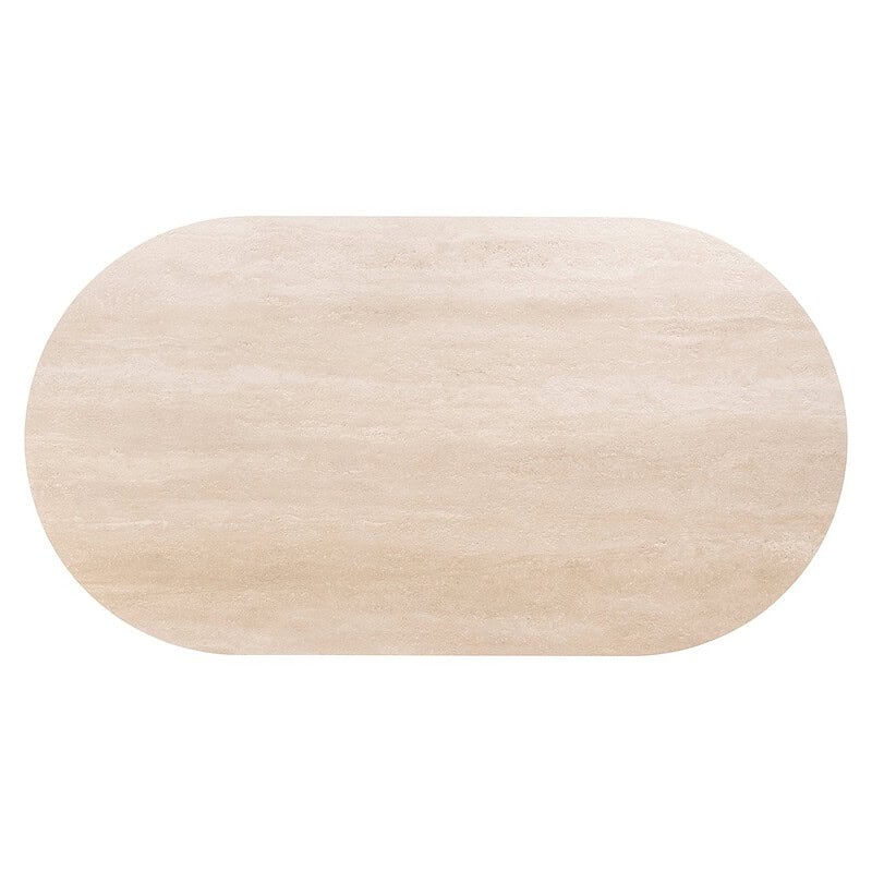 Zachte beige marmeren salontafel met afgeronde vormen, perfect voor een moderne en elegante woonkamer.