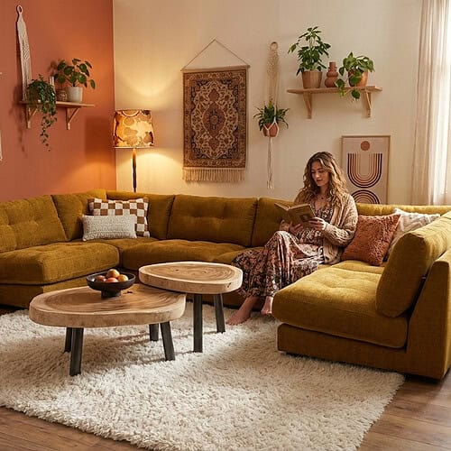 IMG 2073 | Heb je wel eens door de ramen naar prachtig ingerichte woonkamers in Nederland gekeken? Een salontafel versierd met bloemen staat voor een gezellige en aantrekkelijke bank, daarachter zie je een eettafel voor gezellige bijeenkomsten en in de vensterbank staan smaakvolle vazen. 1. Luxe vintage Groen fluwelen hoekbank met landelijke sfeer en decoraties, perfect voor modern interieur.