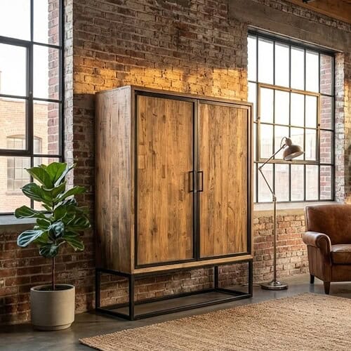 Kabinet Micky Stijlvolle houten kast in industrieel interieur met grote ramen, groen plant, vloerlamp en leren stoel, perfect voor modern design woonkamers.