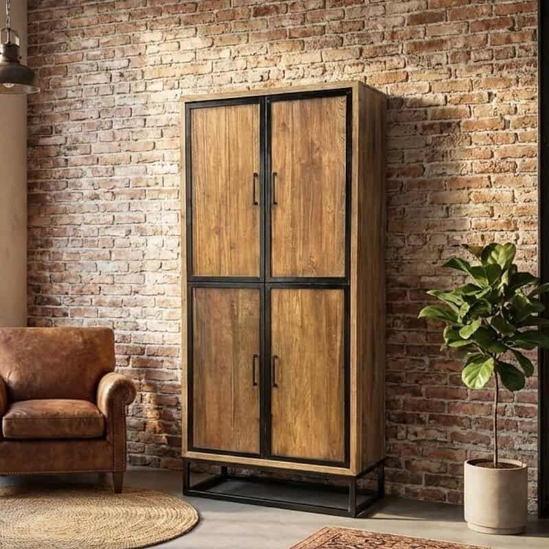 Strakke houten kast met zwart metalen frame, industrieel design voor Eettafel, woonkamer of kantoor, stijlvolle opbergruimte, handvatten, modern en functioneel, Mokana Meubelen.