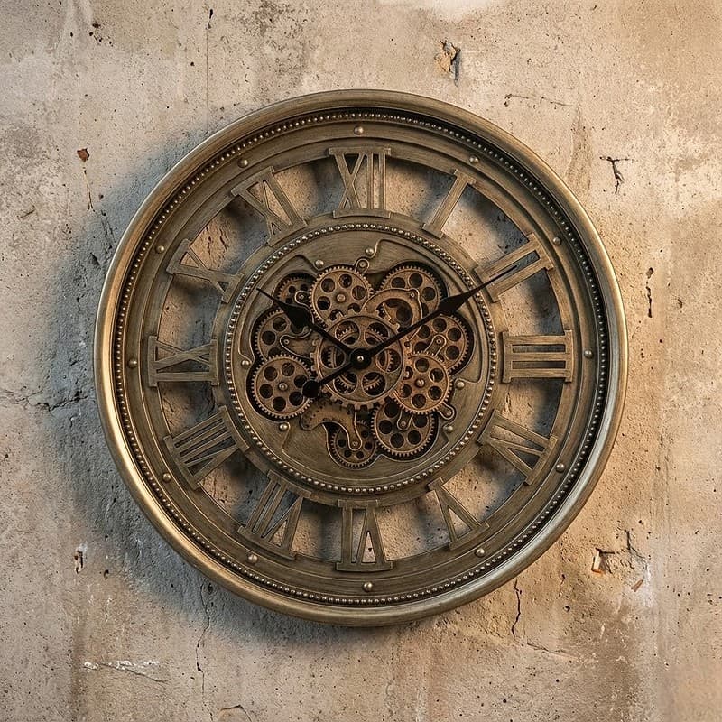 Vintage metalen wandklok met zichtbare tandwielen en Romeinse cijfers, geschikt voor modern of industrieel interieur, stijlvolle decoratie voor woonkamer of kantoor.