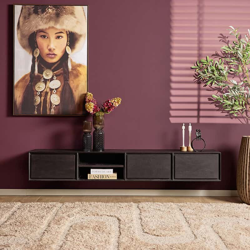 Elegante zwarte wandmeubel van Mokana Meubelen voor woon- of slaapkamer, ideaal voor het opbergen van accessoires en decoratie. Modern design met opbergmogelijkheden.