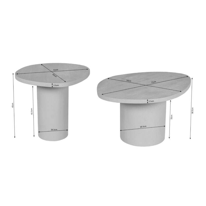 Elegante witte bijzettafels van Mokana Meubelen met houtlook afwerking, verkrijgbaar in verschillende vormen en maten voor een moderne interieurdecoratie.