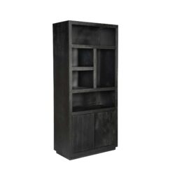 Elegante zwarte houten boekenkast met meerdere vakken en opbergruimte, perfect voor modern interieur en boek- of decoratieorganisatie.