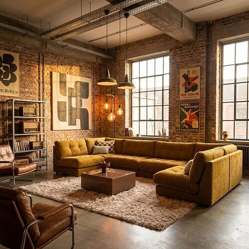 boogie-bank-eva-vt-wonen Comfortabele vintage bank in een industrieel interieur met bakstenen muren en grote ramen, perfect voor een moderne woonkamer inrichting.