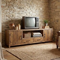 1. Vintage houten tv meubel met retro tv, natuurlijke uitstraling, decoratief opbergrek voor woonruimtes, duurzaam materiaal.
