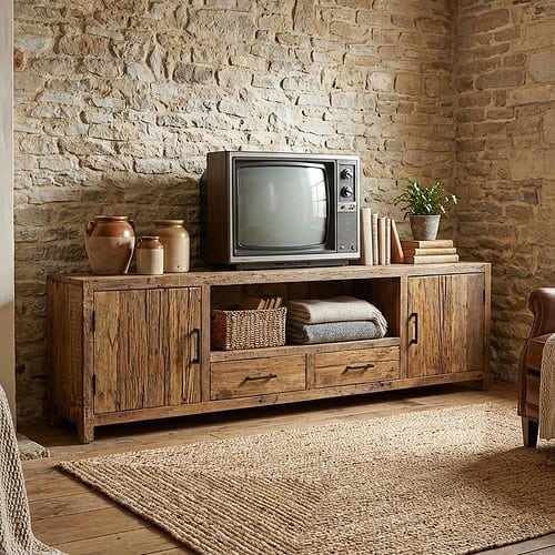 1. Vintage houten tv meubel met retro tv, natuurlijke uitstraling, decoratief opbergrek voor woonruimtes, duurzaam materiaal.