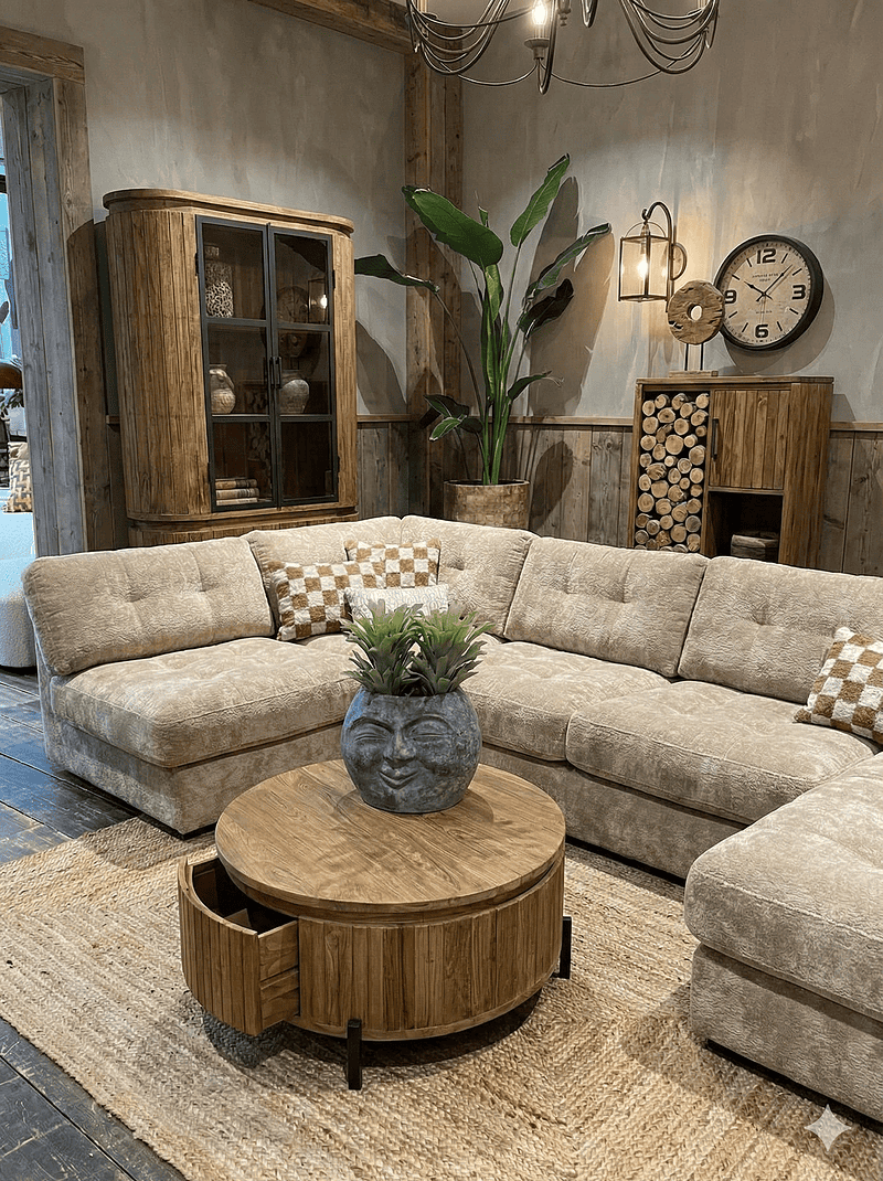 Authentieke houten meubels van Mokana Meubelen, handgemaakt van duurzaam hout, perfect voor een warme en stijlvolle woonkamer.