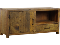 Massief houten tv-meubel met laden en kast, perfect voor een landelijke of moderne interieurstijl, vervaardigd door Mokana Meubelen.