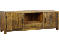 Robuuste houten TV-meubel van Mokana Meubelen, ideaal voor een warme en natuurlijke woonkamer. Perfect voor het creëren van een gezellige sfeer met kwalitatieve meubels.