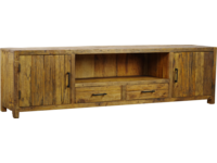 Houten tv-meubel in warme tint, perfect voor een stijlvolle woonkamer, met opbergruimte en open vakken voor decoratie of elektronica, ambachtelijk vervaardigd.
