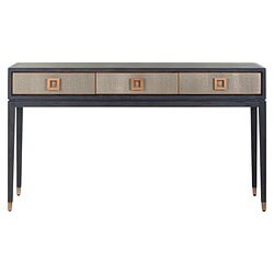 Elegante zwarte console tafel met drie lades, gecombineerd met naturelkleurige details en moderne handvatten, perfect voor een stijlvol interieur.
