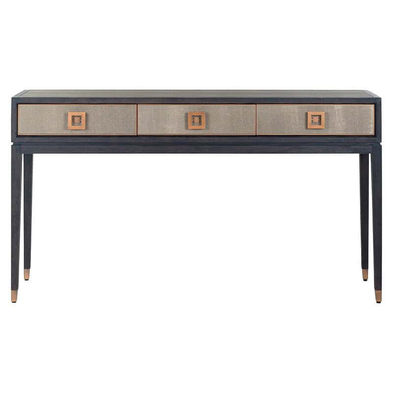 Elegante zwarte console tafel met drie lades, gecombineerd met naturelkleurige details en moderne handvatten, perfect voor een stijlvol interieur.