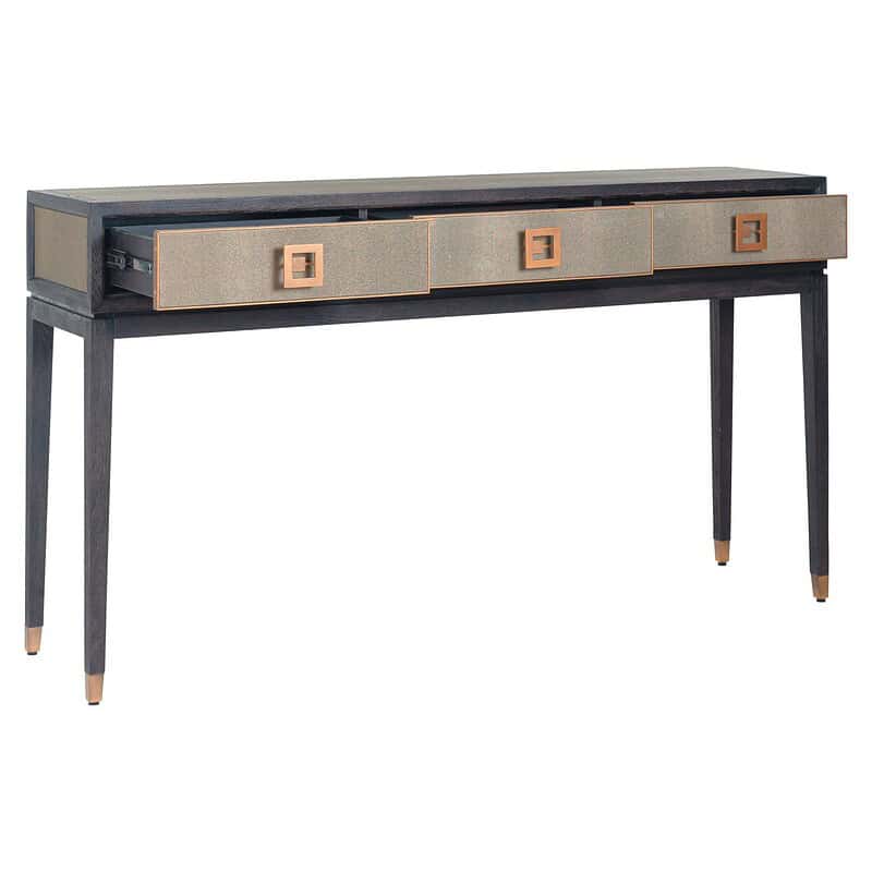 Vintage bamboe en houten console tafel met drie lades voor vintage en moderne interieurs. Hoogwaardige meubel-ontwerp, minimalistisch en functioneel, perfect voor woonkamer of hal.